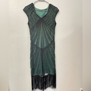 20’s Flapper Beaded Cocktail Green and Black Dress Fringe Cap Sleeve Size S